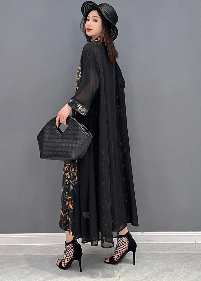 Elegant Black V Neck Print Silk Long Dress And Tulle Long Cardigan Two Pieces Set Summer - Image 4