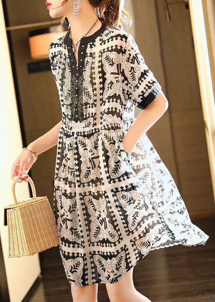 Elegant Black V Neck Print Vacation Chiffon Maxi Dresses Summer - Image 2