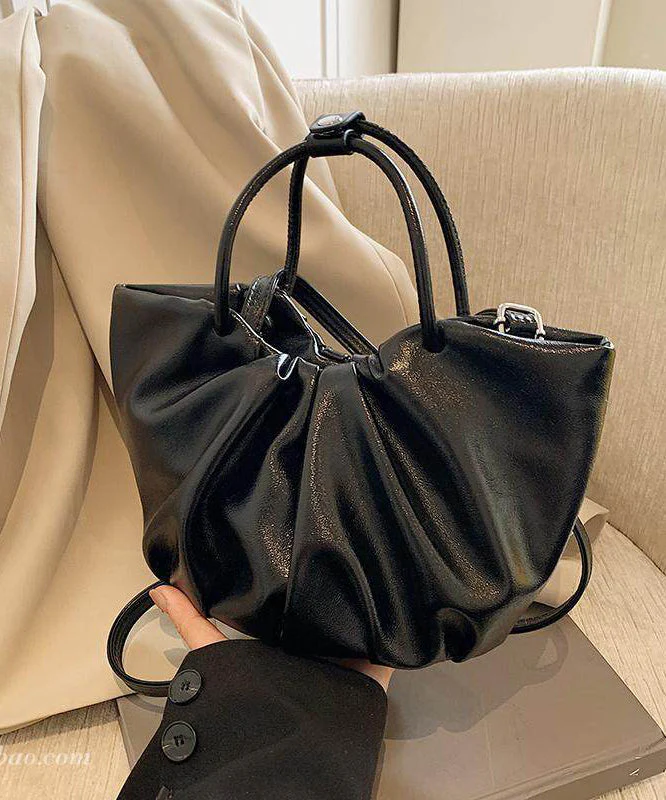 Elegant Black Wrinkled Faux Leather Tote Handbag - Image 4