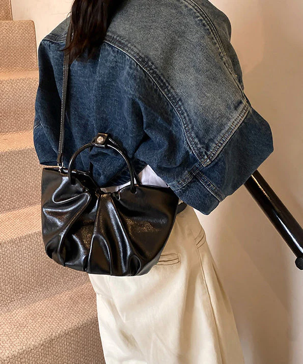 Elegant Black Wrinkled Faux Leather Tote Handbag - Image 5