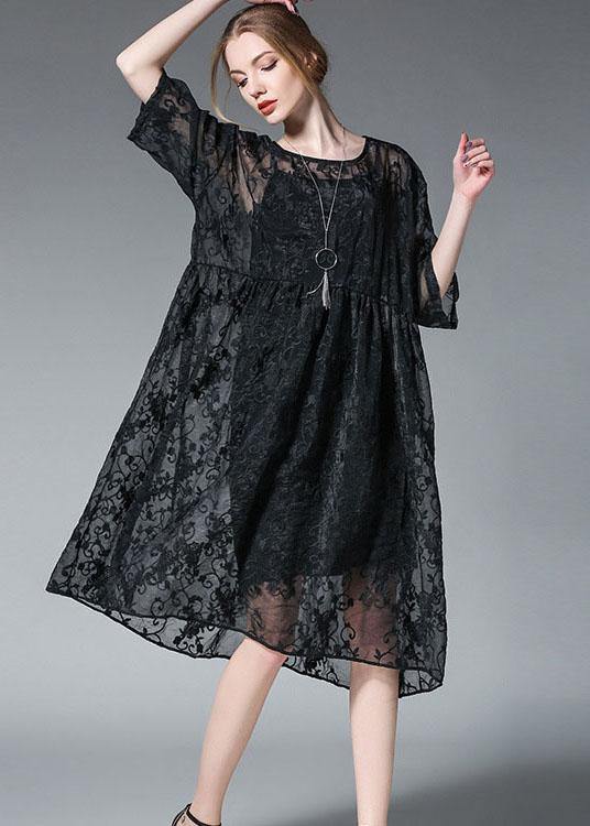 Elegant Black Wrinkled Hollow Out Summer Dress - Image 3