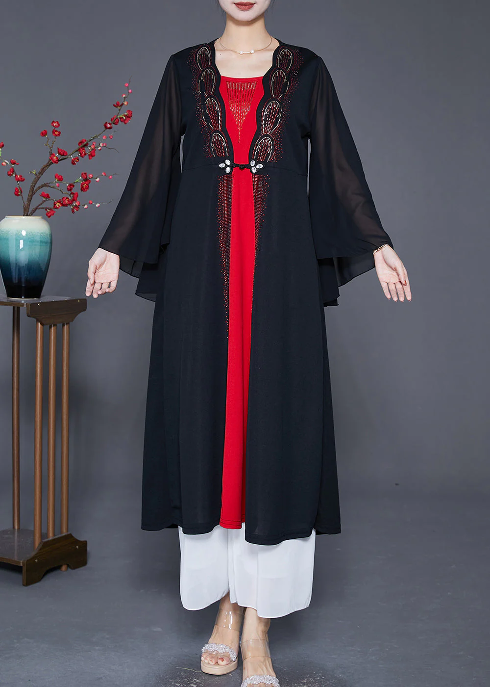 Elegant Black Zircon Patchwork Chiffon Fake Two Piece Dress Cloak Sleeves - Image 2