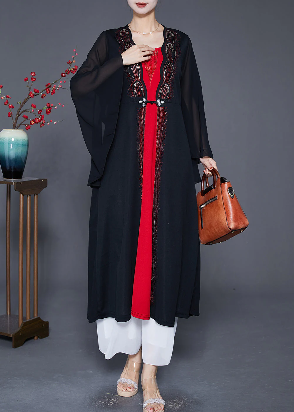 Elegant Black Zircon Patchwork Chiffon Fake Two Piece Dress Cloak Sleeves - Image 3