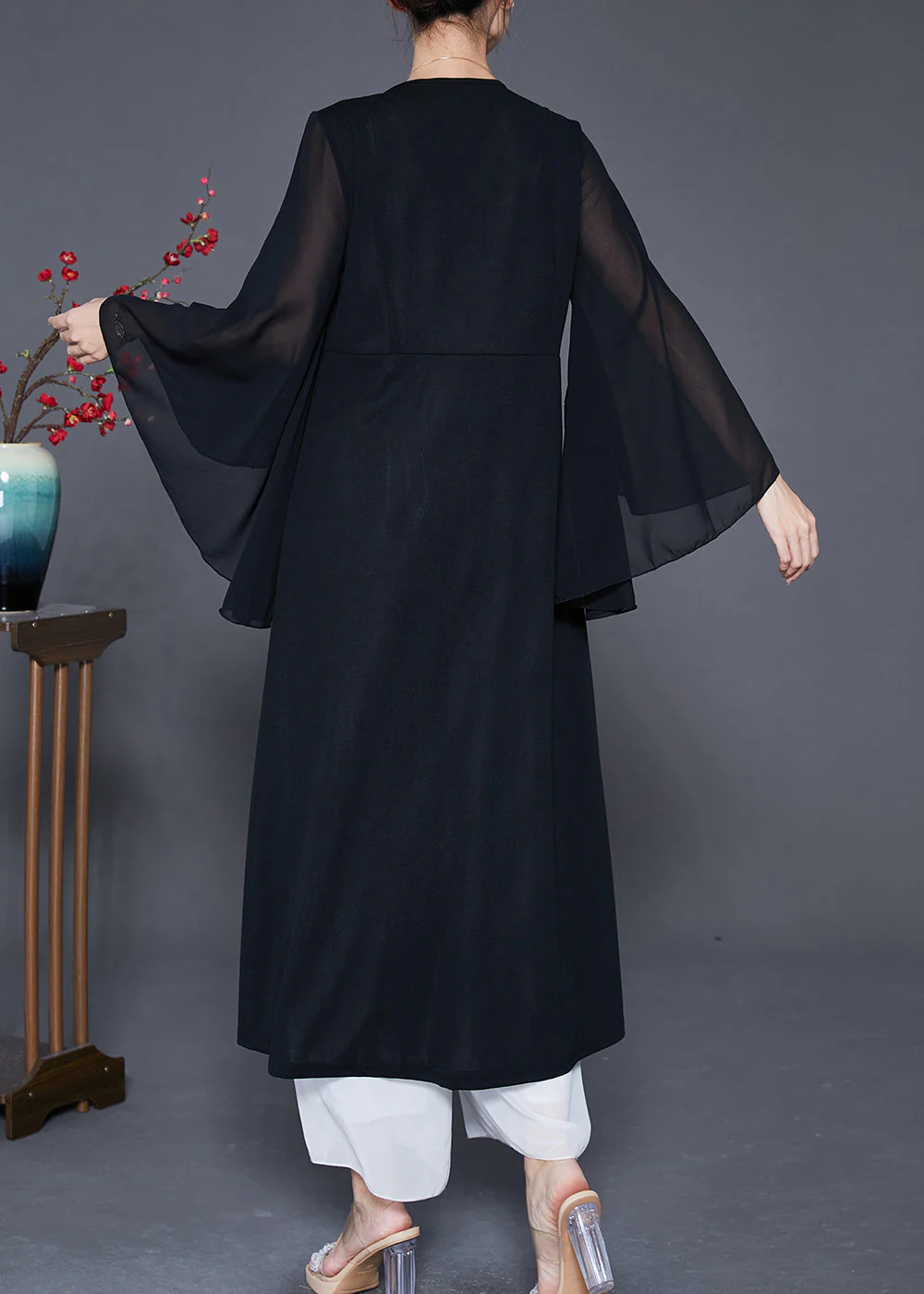 Elegant Black Zircon Patchwork Chiffon Fake Two Piece Dress Cloak Sleeves - Image 4