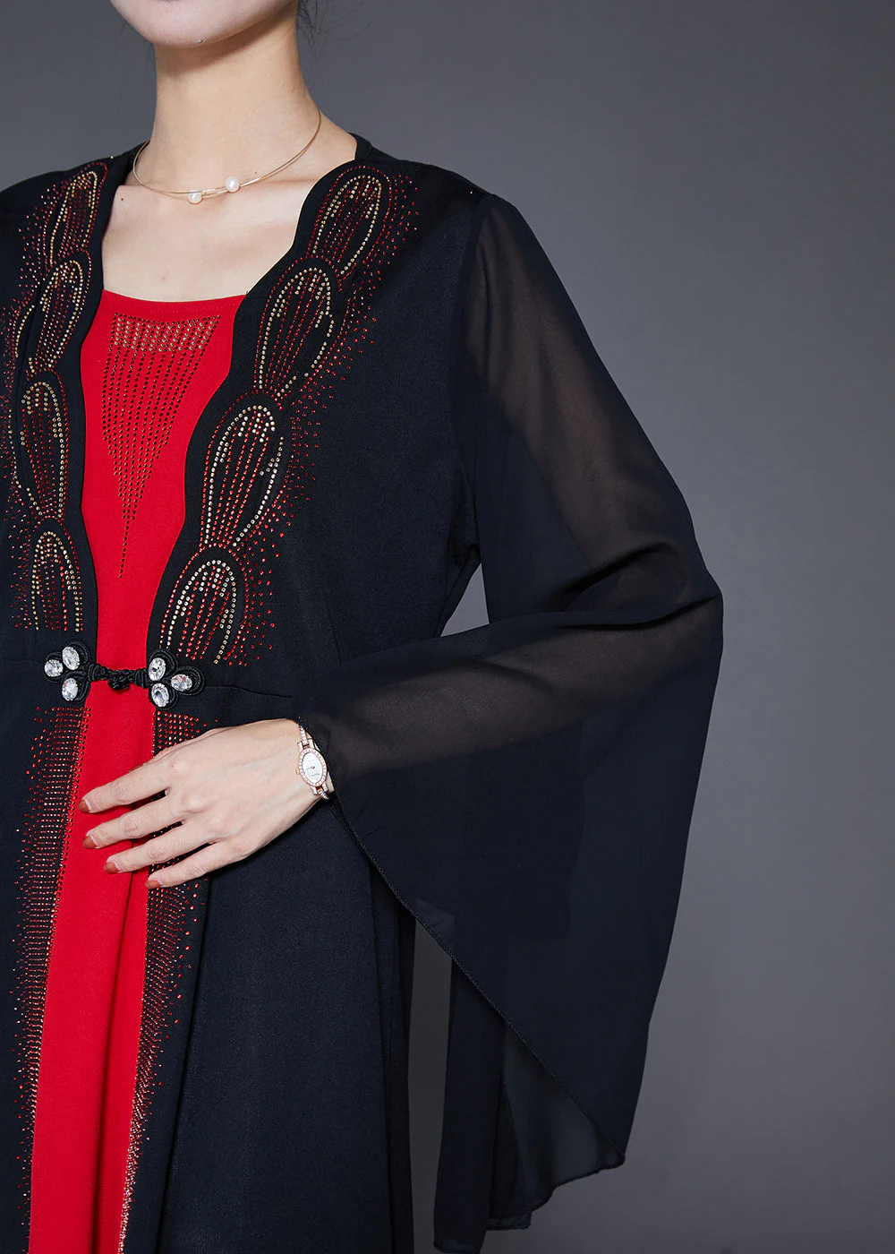 Elegant Black Zircon Patchwork Chiffon Fake Two Piece Dress Cloak Sleeves - Image 5
