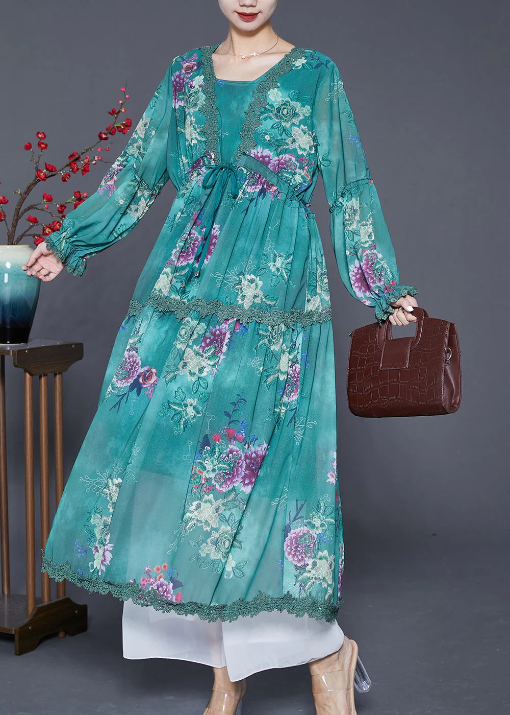Elegant Blackish Green Cinched Patchwork Exra Large Hem Chiffon Beach Dress Summer - Image 2