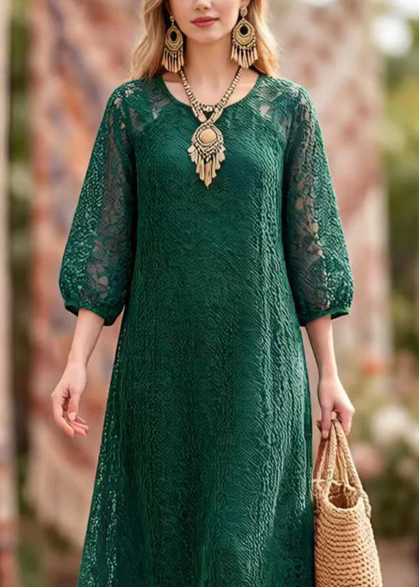 Elegant Blackish Green O Neck Hollow Out Lace Dresses Summer - Image 2