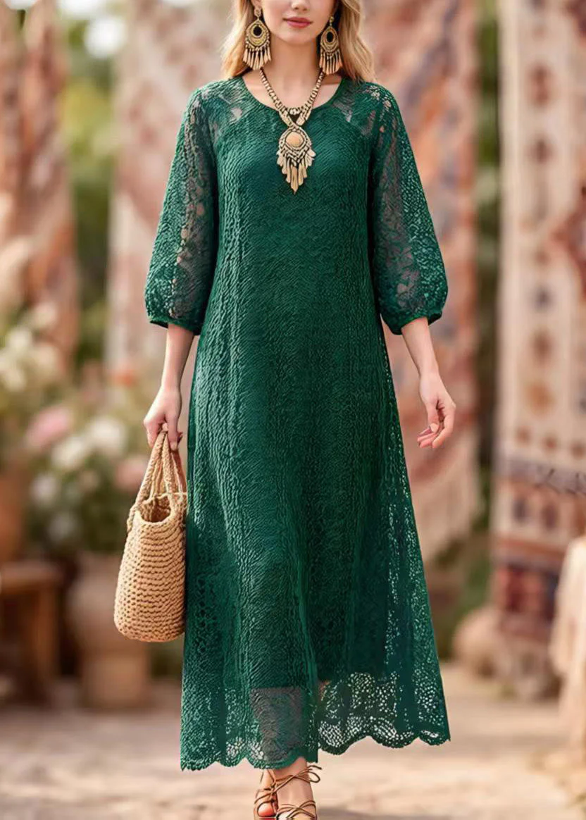 Elegant Blackish Green O Neck Hollow Out Lace Dresses Summer - Image 3