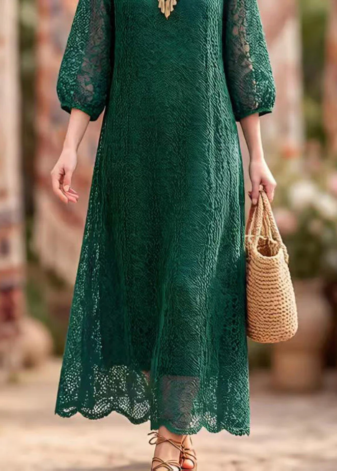 Elegant Blackish Green O Neck Hollow Out Lace Dresses Summer - Image 4