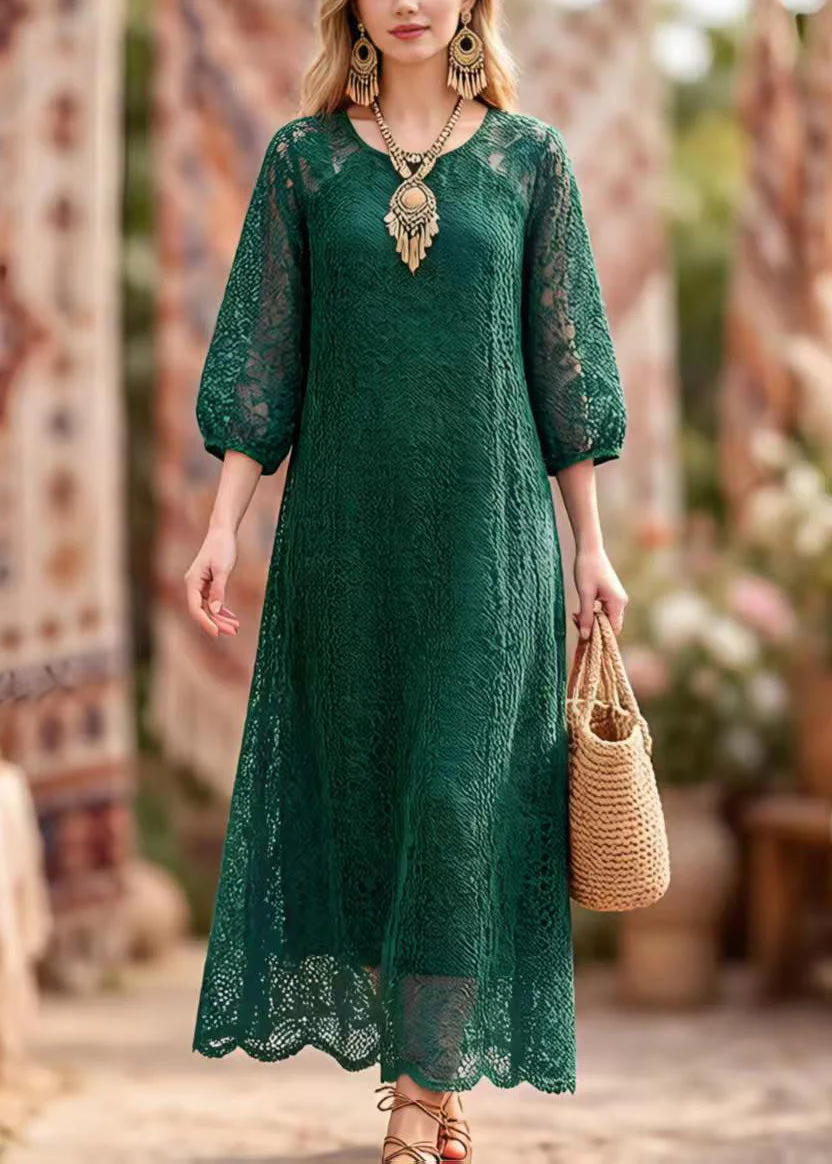 Elegant Blackish Green O Neck Hollow Out Lace Dresses Summer - Image 5