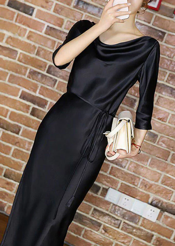 Elegant Blackish Green Slash Neck Tie Waist Silk Long Dresses Half Sleeve - Image 2