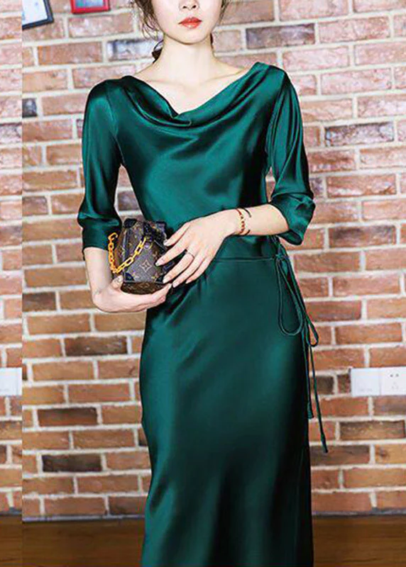 Elegant Blackish Green Slash Neck Tie Waist Silk Long Dresses Half Sleeve - Image 3
