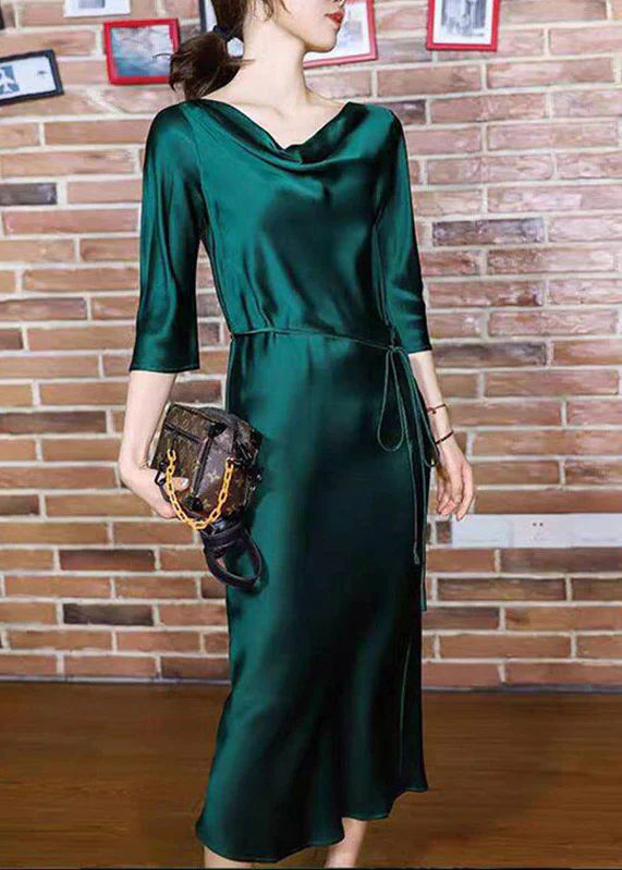 Elegant Blackish Green Slash Neck Tie Waist Silk Long Dresses Half Sleeve - Image 4