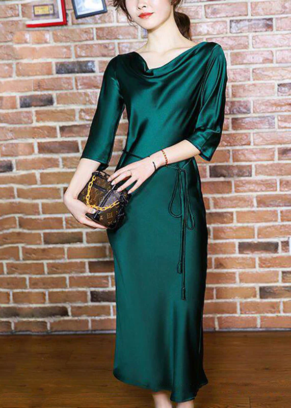 Elegant Blackish Green Slash Neck Tie Waist Silk Long Dresses Half Sleeve - Image 5