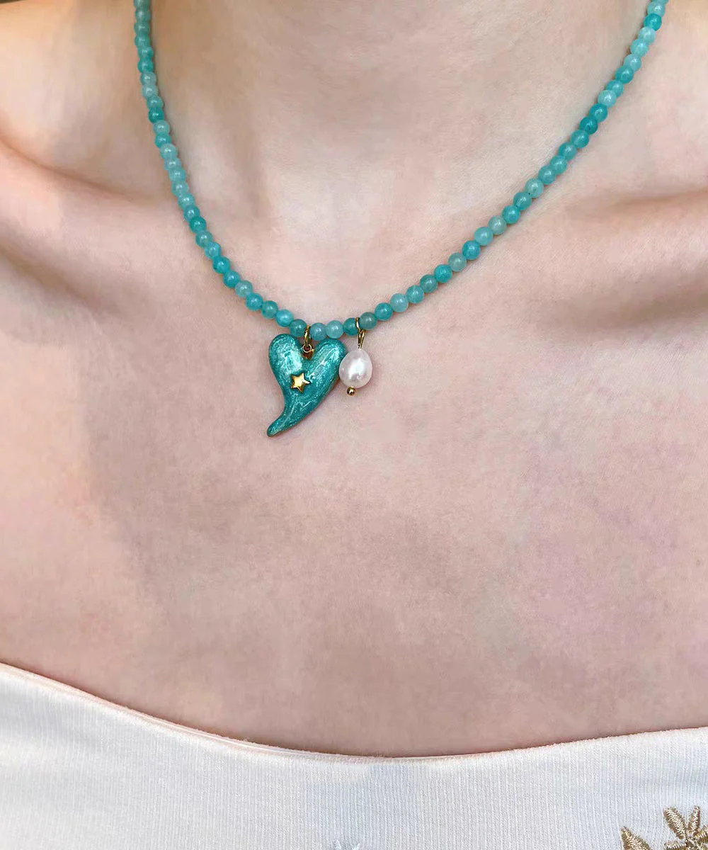 Elegant Blue Alloy Amazonite Love Floral Pearl Pendant Necklace Two-Piece Set - Image 3