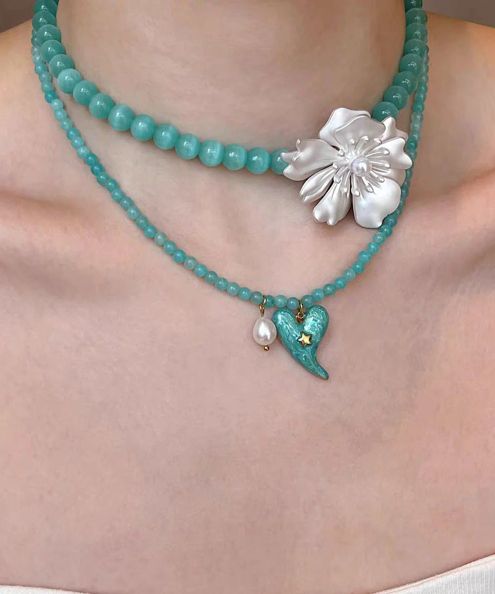 Elegant Blue Alloy Amazonite Love Floral Pearl Pendant Necklace Two-Piece Set - Image 4
