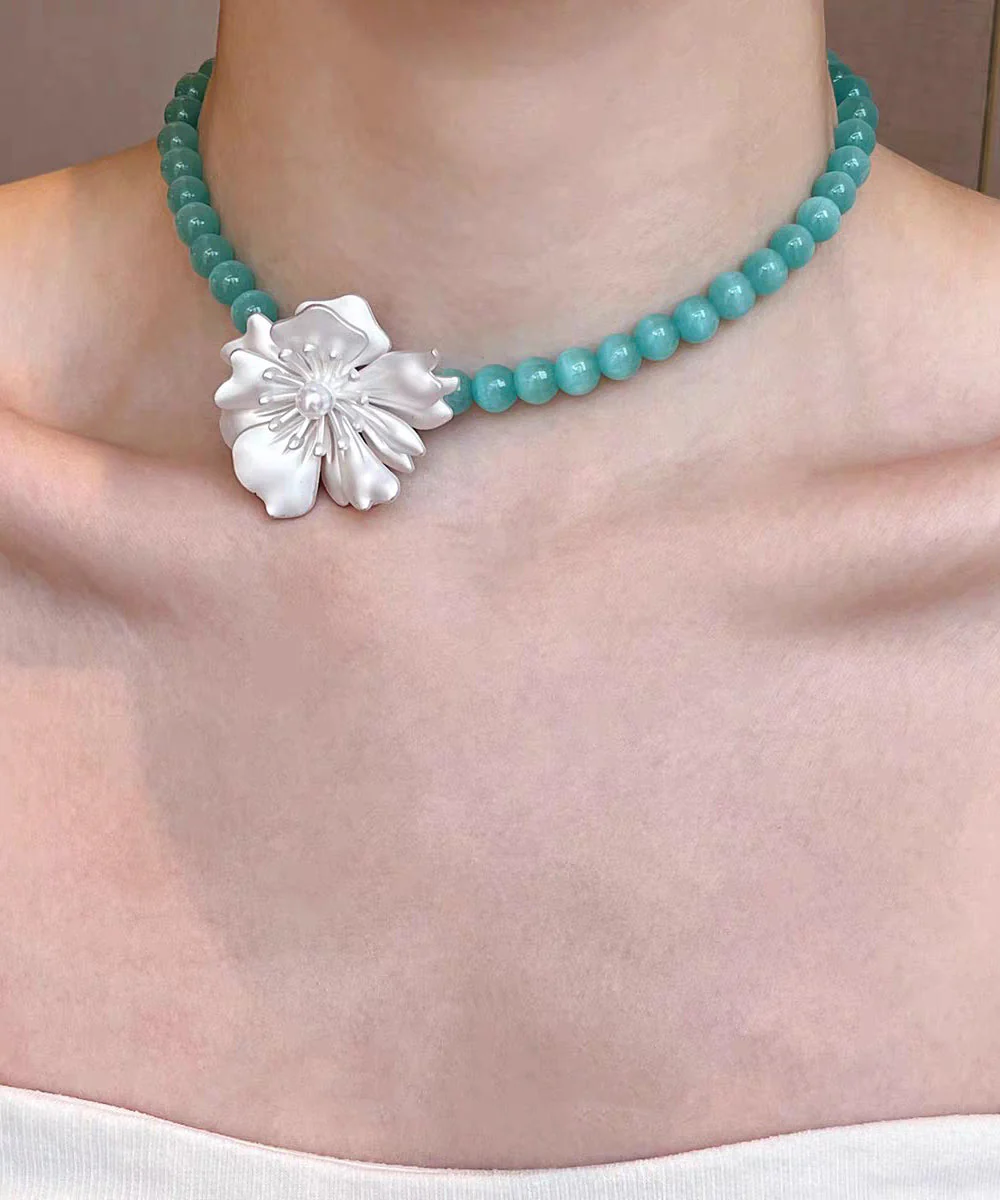 Elegant Blue Alloy Amazonite Love Floral Pearl Pendant Necklace Two-Piece Set - Image 5