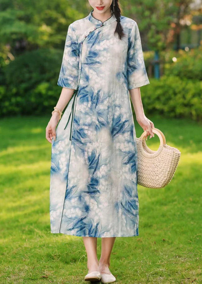 Elegant Blue Button Print Lace Up Linen Long Dresses Summer - Image 2