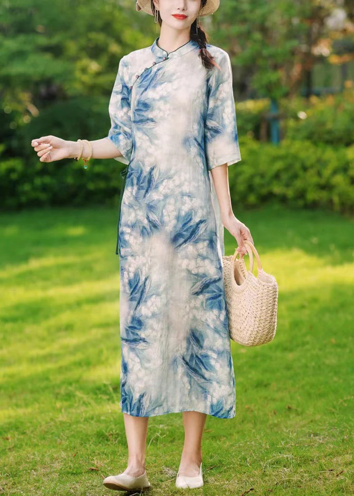 Elegant Blue Button Print Lace Up Linen Long Dresses Summer - Image 3