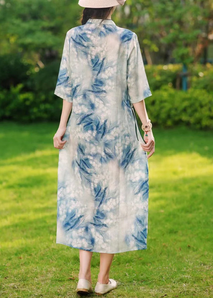 Elegant Blue Button Print Lace Up Linen Long Dresses Summer - Image 4