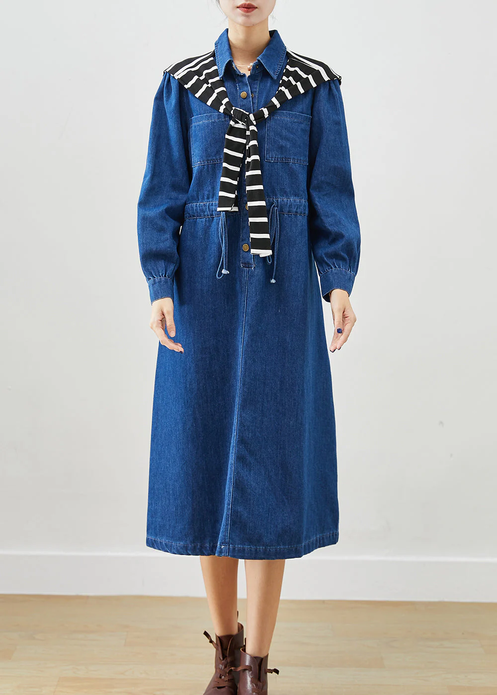 Elegant Blue Cinched Give Shawl Denim Long Dress Fall - Image 2