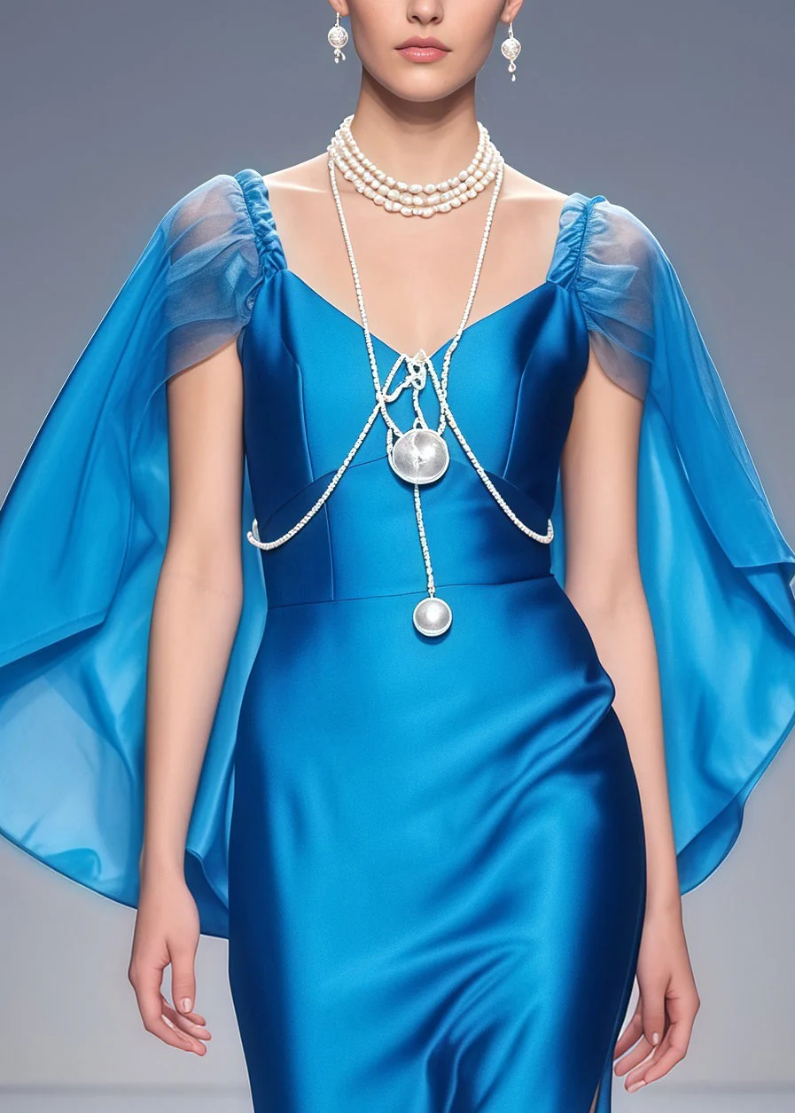 Elegant Blue Cloak Patchwork Side Open Silk Dinner Dresses Summer - Image 2