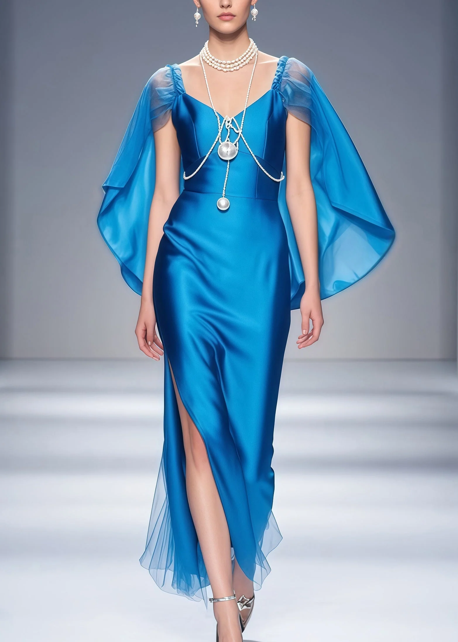 Elegant Blue Cloak Patchwork Side Open Silk Dinner Dresses Summer - Image 3