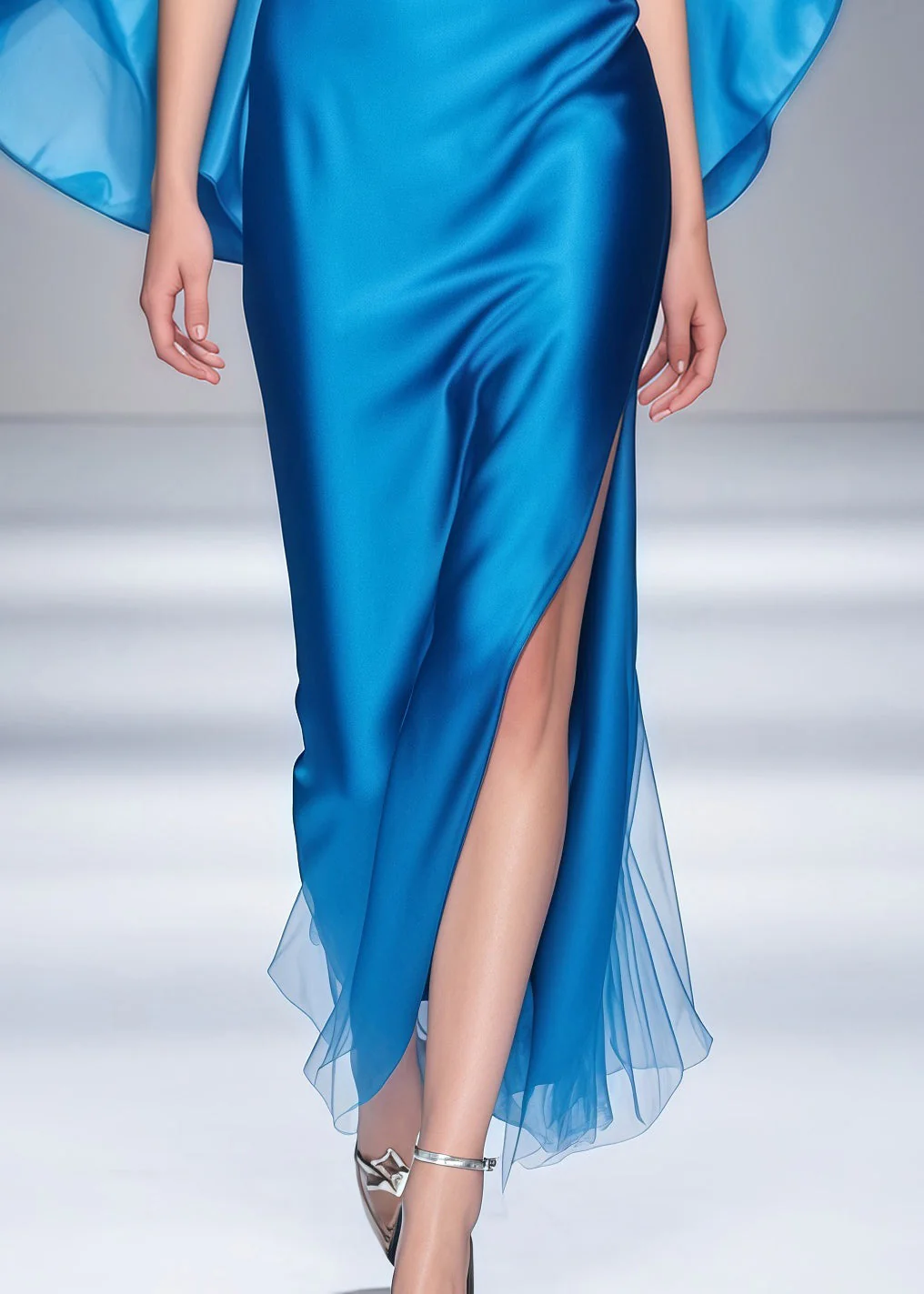 Elegant Blue Cloak Patchwork Side Open Silk Dinner Dresses Summer - Image 4