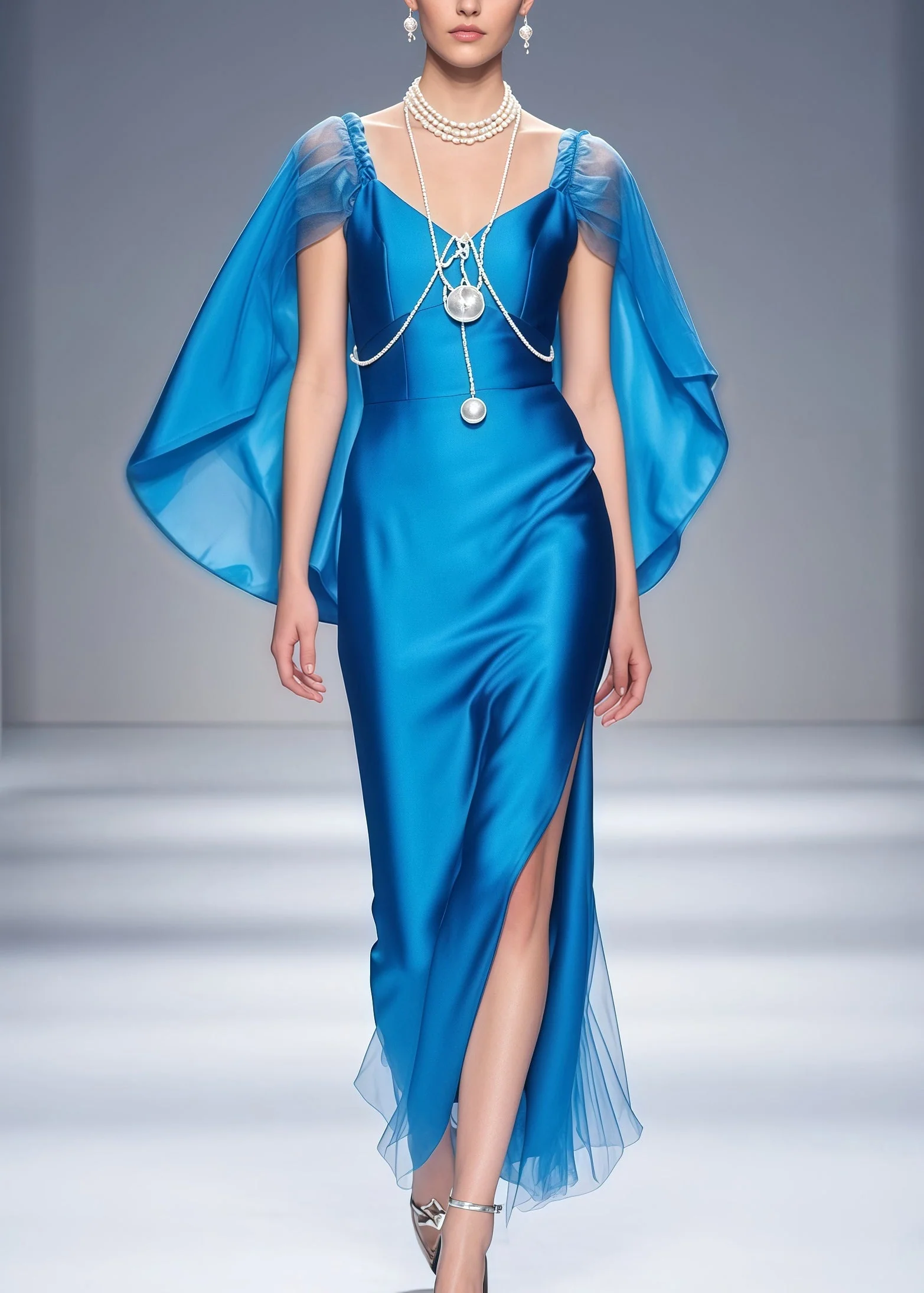 Elegant Blue Cloak Patchwork Side Open Silk Dinner Dresses Summer - Image 5
