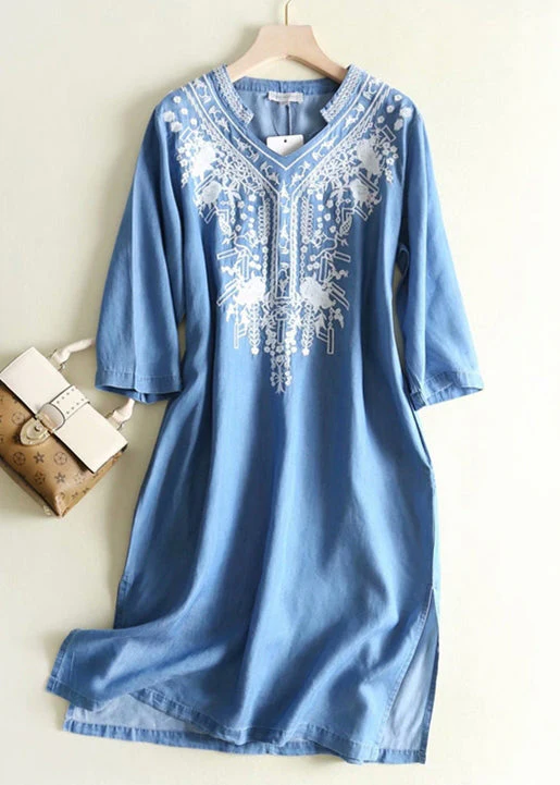 Elegant Blue Embroidered Side Open Denim Dresses Summer - Image 2