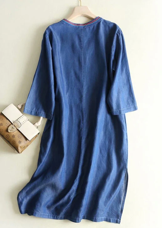 Elegant Blue Embroidered Side Open Denim Dresses Summer - Image 3
