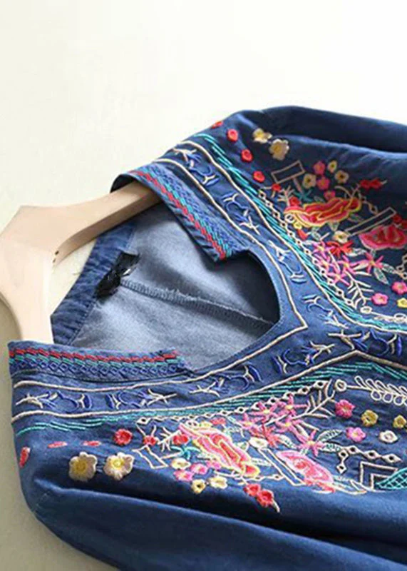 Elegant Blue Embroidered Side Open Denim Dresses Summer - Image 4