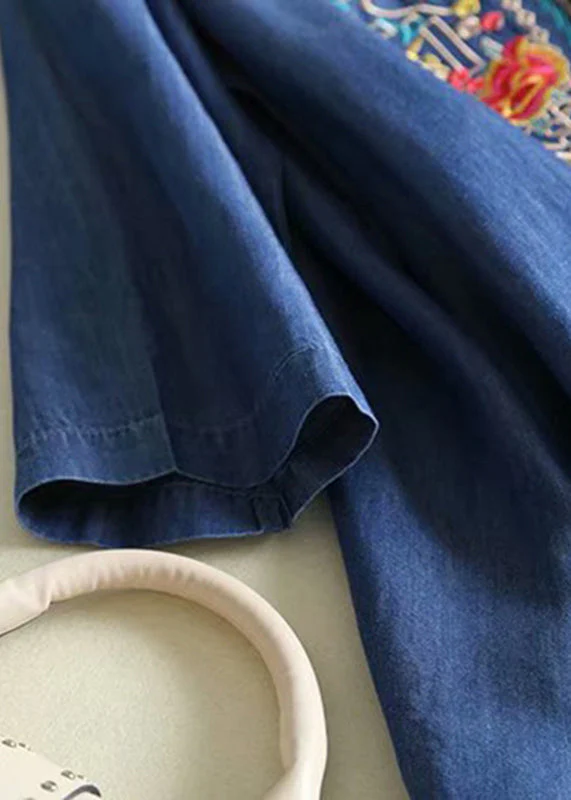 Elegant Blue Embroidered Side Open Denim Dresses Summer - Image 5
