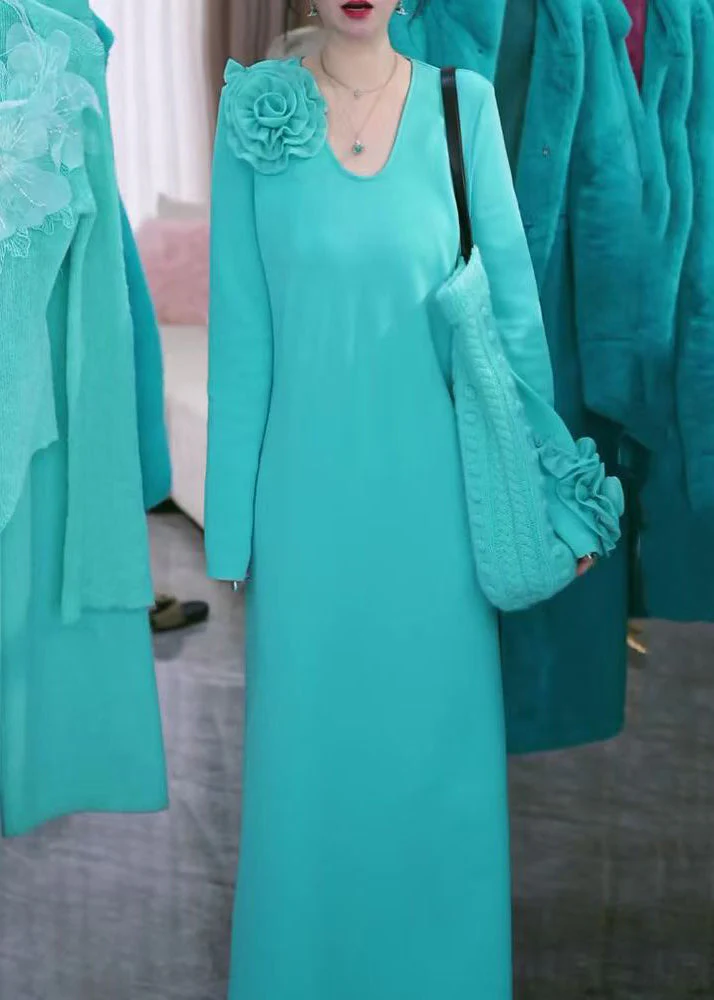 Elegant Blue Floral Solid Original Design Knit Long Dress Winter - Image 3
