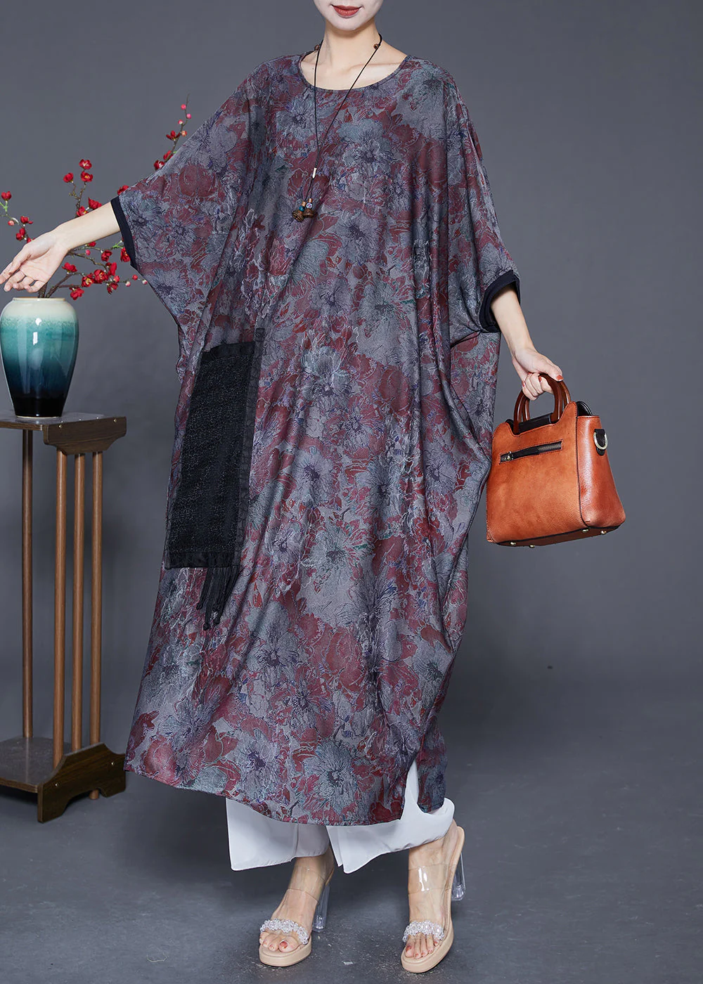 Elegant Blue Grey Oversized Patchwork Tassel Silk Dresses Batwing Sleeve - Image 2