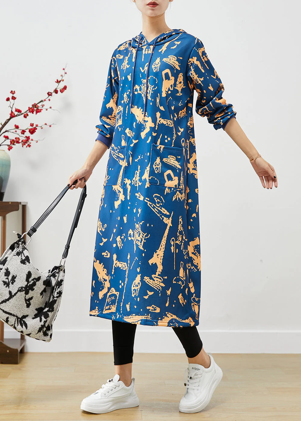 Elegant Blue Hooded Print Cotton Sweatshirts Dress Fall - Image 2