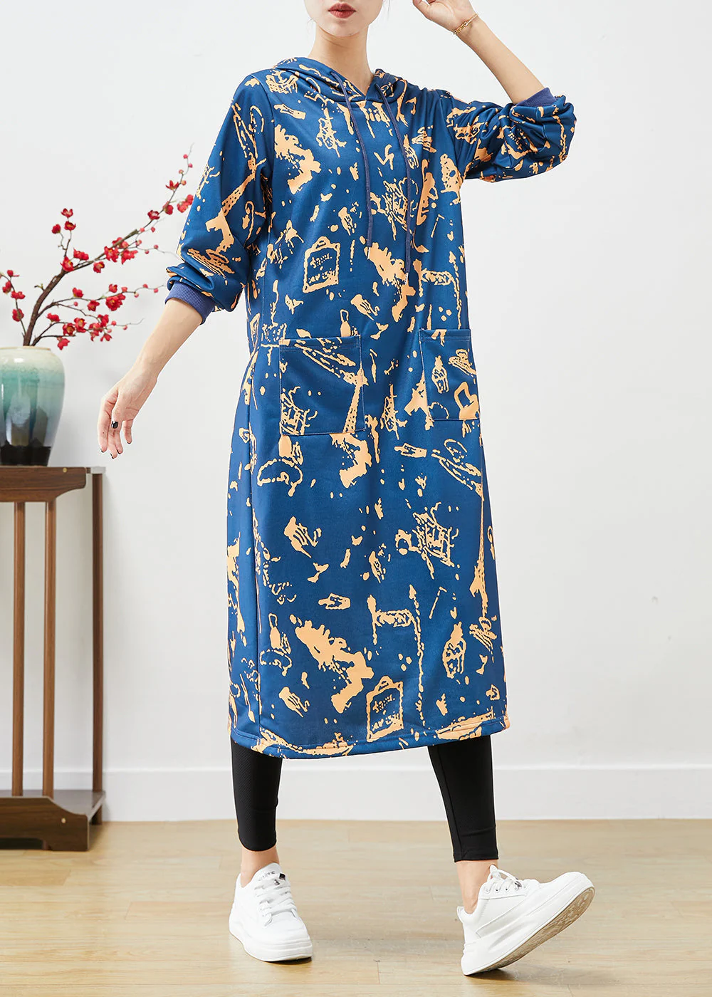 Elegant Blue Hooded Print Cotton Sweatshirts Dress Fall - Image 3