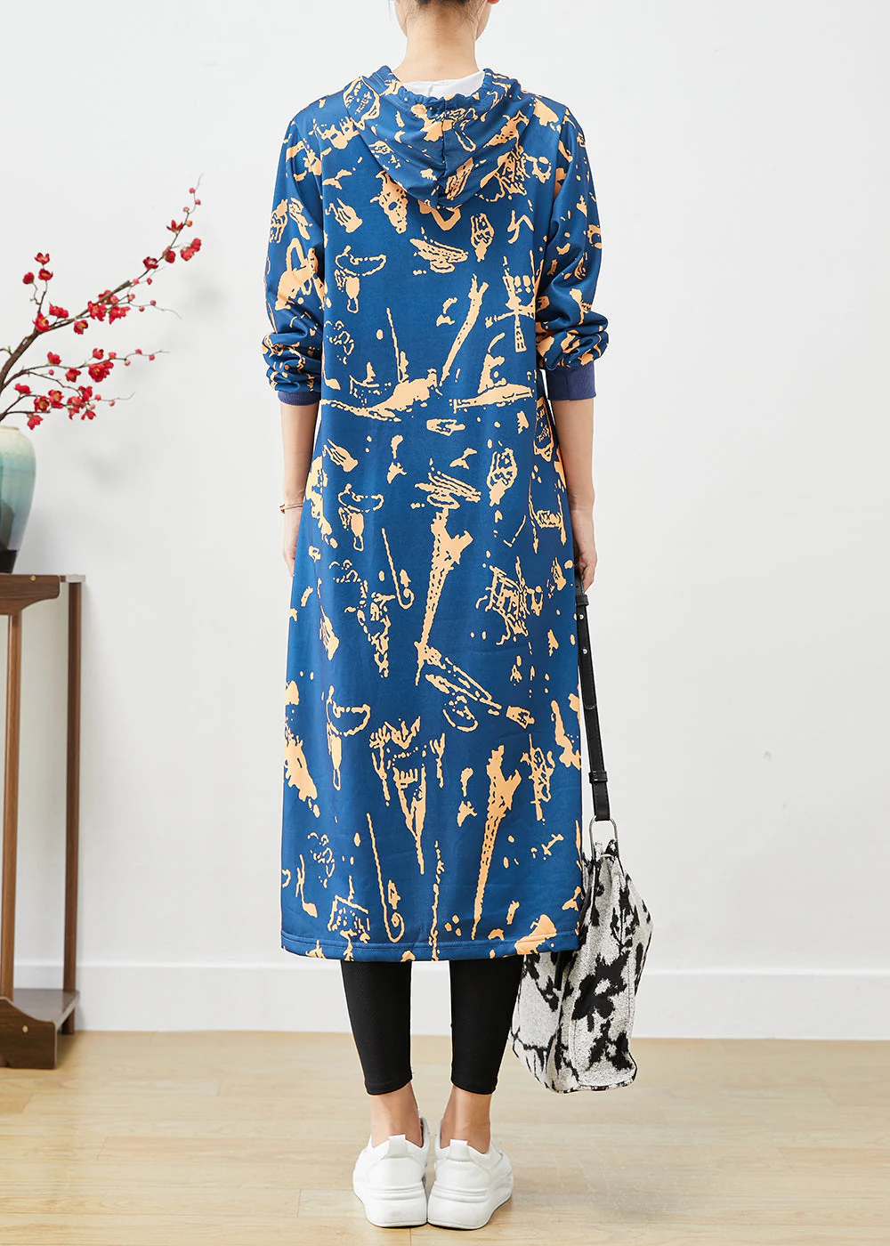 Elegant Blue Hooded Print Cotton Sweatshirts Dress Fall - Image 4