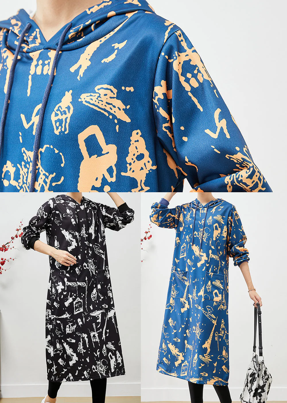 Elegant Blue Hooded Print Cotton Sweatshirts Dress Fall - Image 5