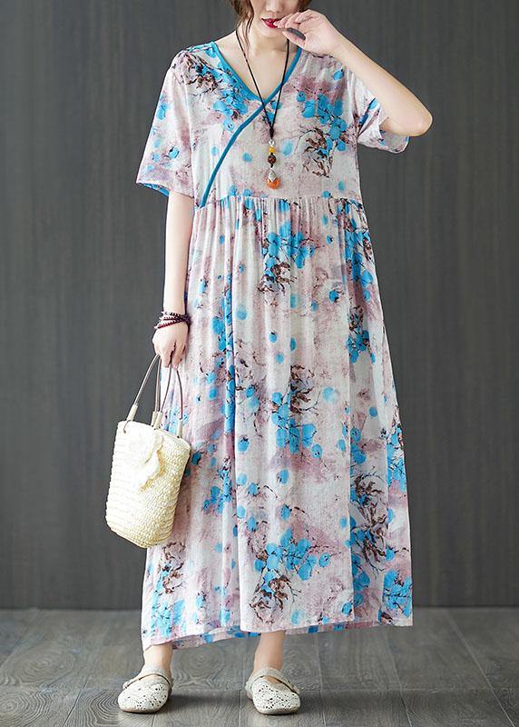 Elegant Blue Loose Patchwork Pockets Summer Vacation Dress Short Sleeve