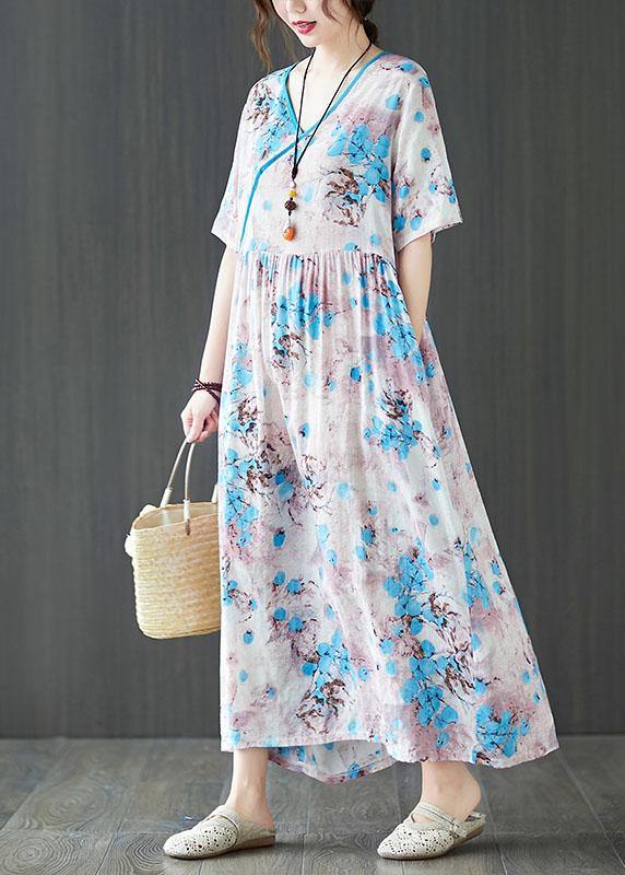 Elegant Blue Loose Patchwork Pockets Summer Vacation Dress Short Sleeve - Image 3