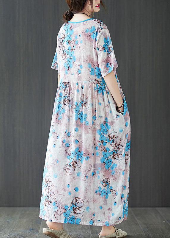Elegant Blue Loose Patchwork Pockets Summer Vacation Dress Short Sleeve - Image 4