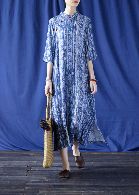 Elegant Blue Mandarin Collar Side Open Print cheongsam Dress Half Sleeve - Image 2