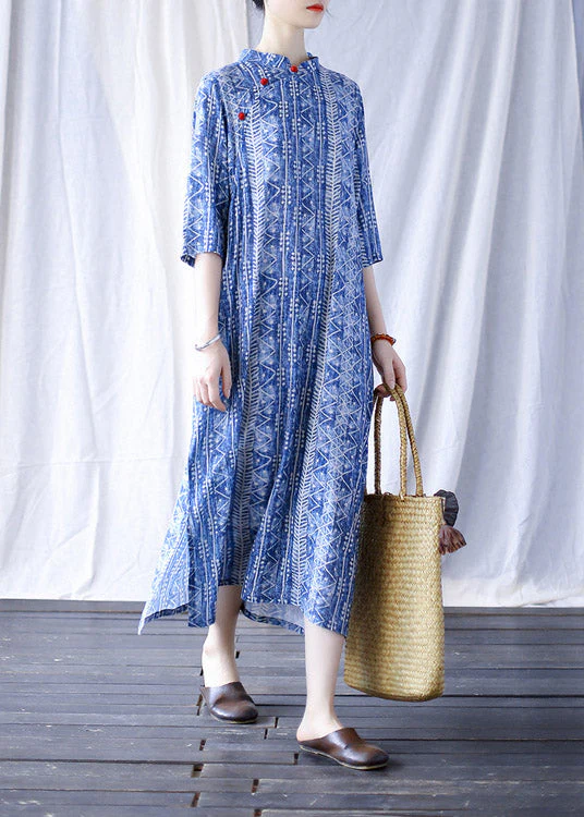 Elegant Blue Mandarin Collar Side Open Print cheongsam Dress Half Sleeve - Image 3