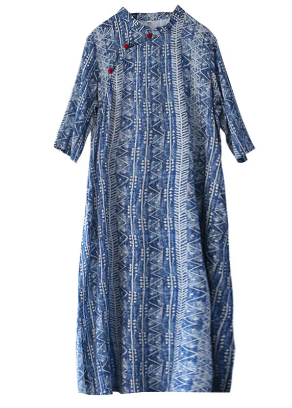 Elegant Blue Mandarin Collar Side Open Print cheongsam Dress Half Sleeve - Image 4