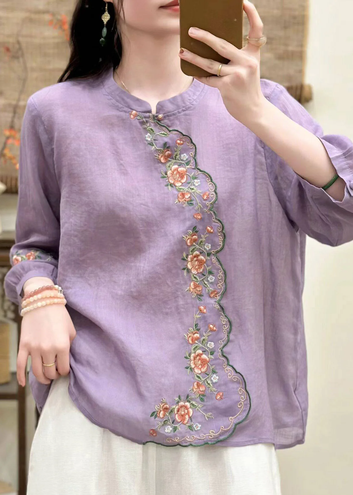 Elegant Blue O-Neck Embroidered Linen Shirt Tops Three Quarter Sleeve - Image 2