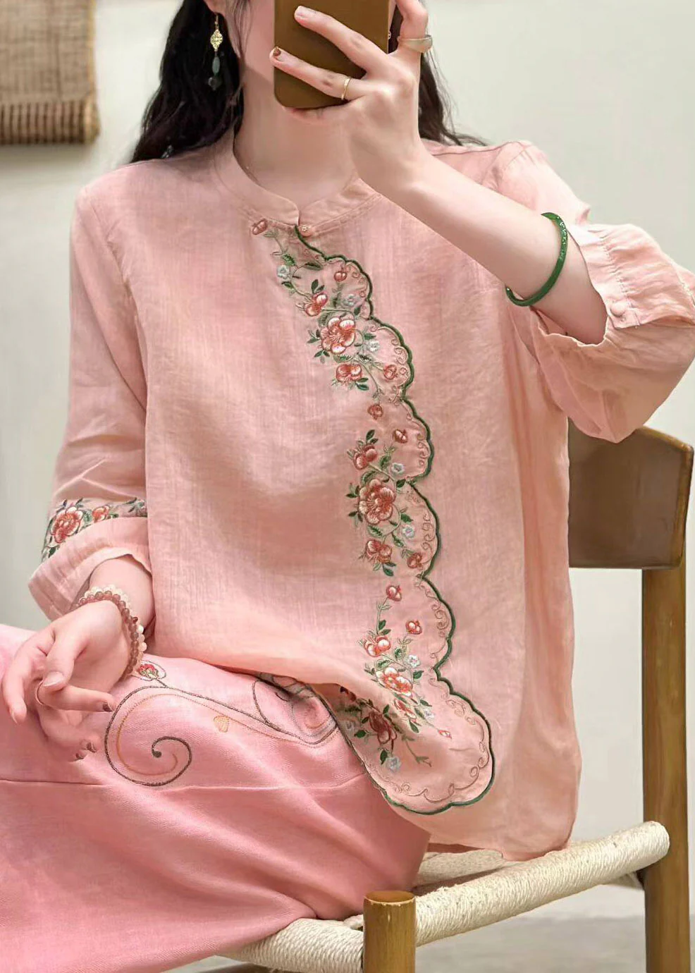 Elegant Blue O-Neck Embroidered Linen Shirt Tops Three Quarter Sleeve - Image 4