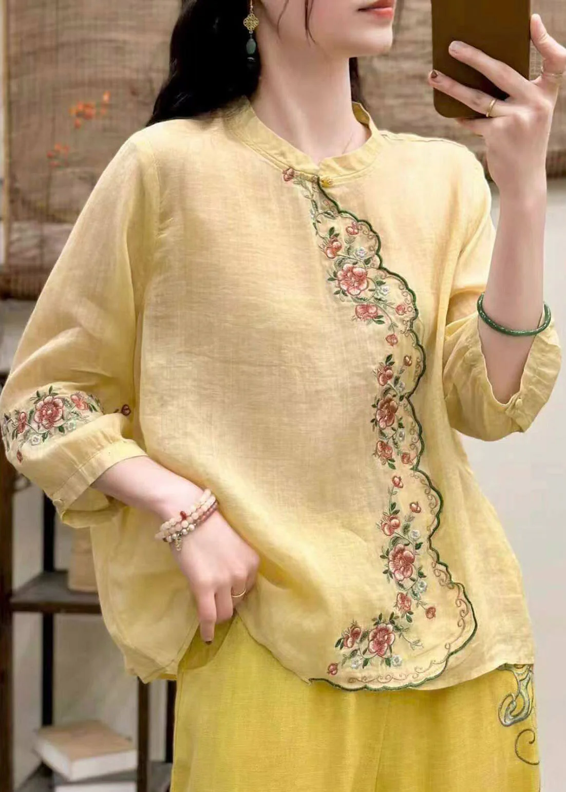 Elegant Blue O-Neck Embroidered Linen Shirt Tops Three Quarter Sleeve - Image 5