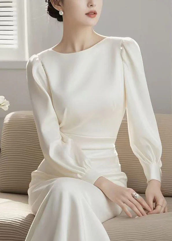 Elegant Blue O Neck High Waist Cotton Long Dress Spring - Image 2