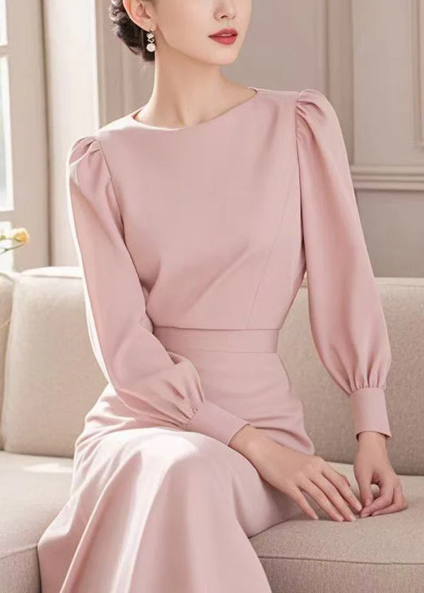 Elegant Blue O Neck High Waist Cotton Long Dress Spring - Image 3